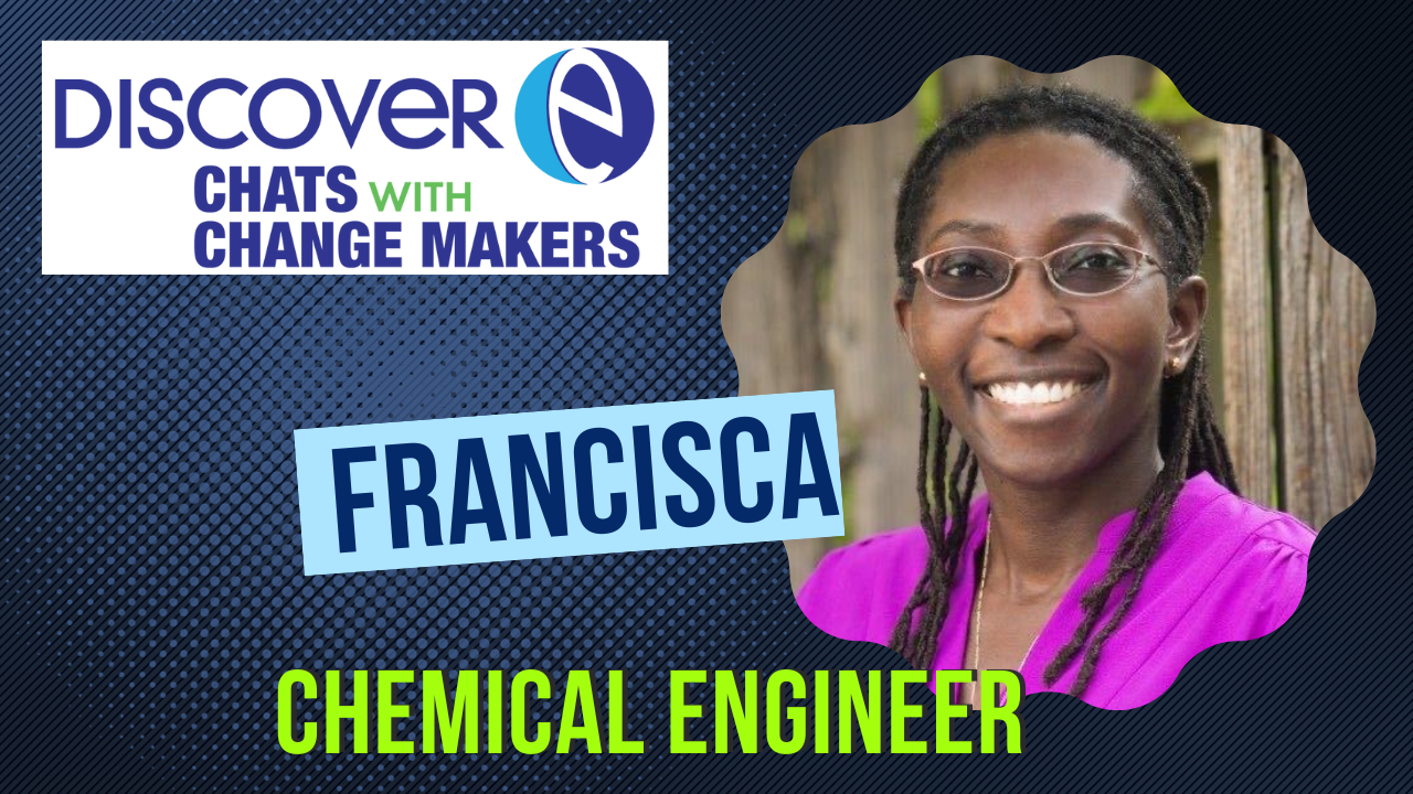 Graphic featuring headshot of chemical engineer guest Francisca Ogundele
