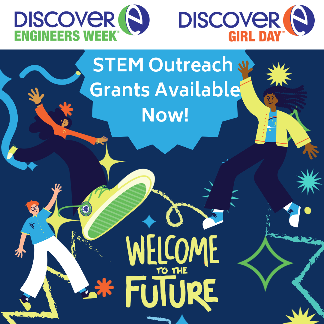 An illustration of three people in an abstract futuristic backdrop. STEM Outreach Grants Available Now is written in a blue star; Welcome to the Future is near the bottom.