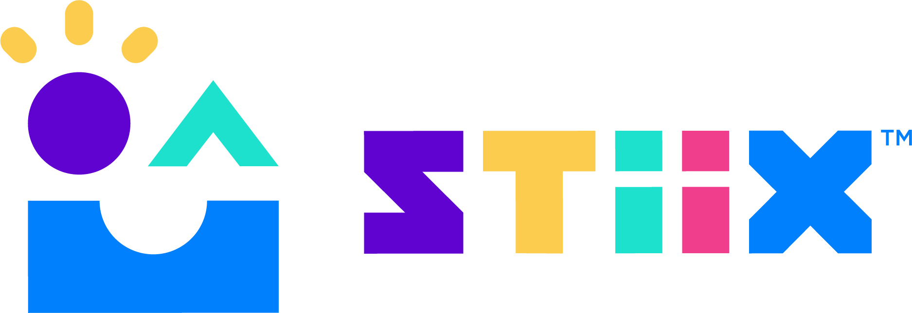 STIIX_Logo_Horizontal_Full Color Light three children look at the camera. They have a pile of recycled products that they can build with.