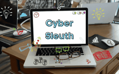 Computer screen with words Cyber Slueth on screen. Goes with Which DMs Can I Trust STEM Activity Main Image