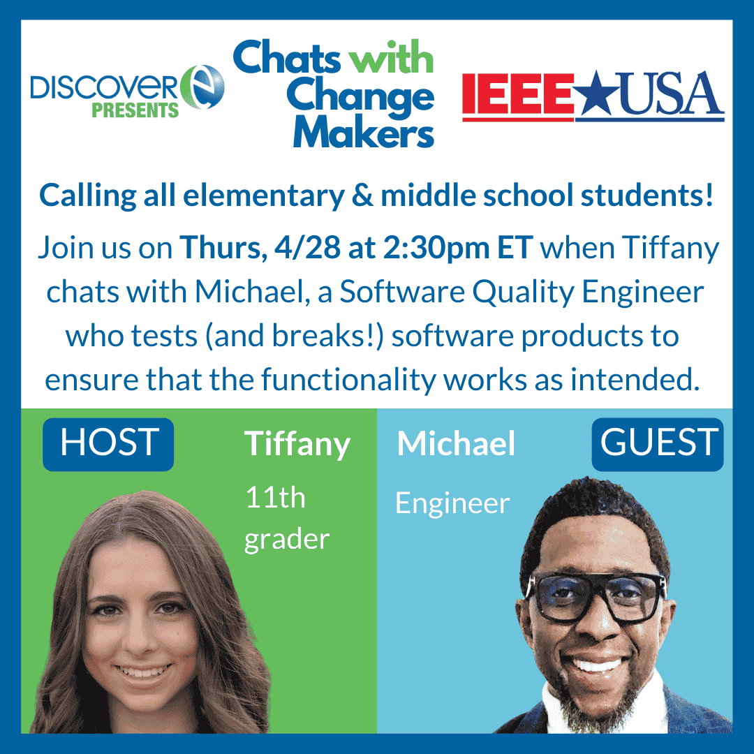Chats with Change Maker graphic featuring student host Tiffany and Software Quality Engineer Michael Pearse
