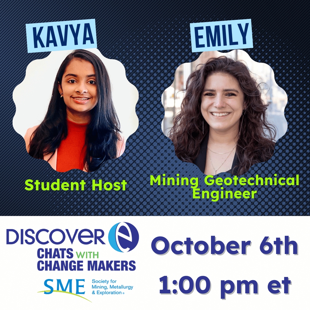 Graphic featuring student host Kavya and mining geotechnical engineer Emily Rose