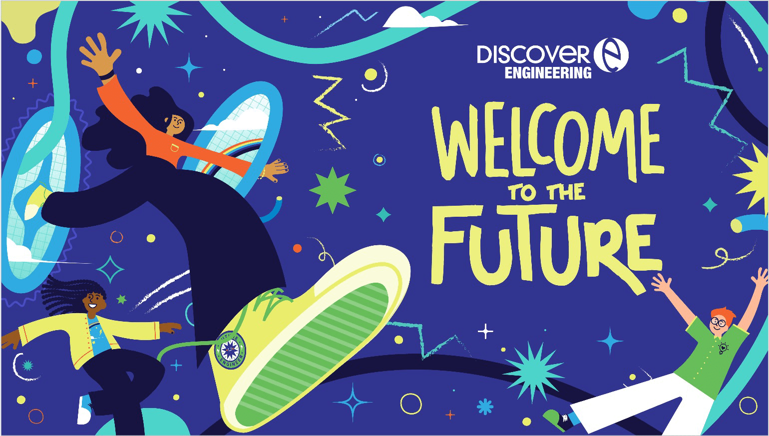 Engineers Week 2024 Graphic- a brightly blue coloured background with 3 people floating around the text "Welcome to the Future"