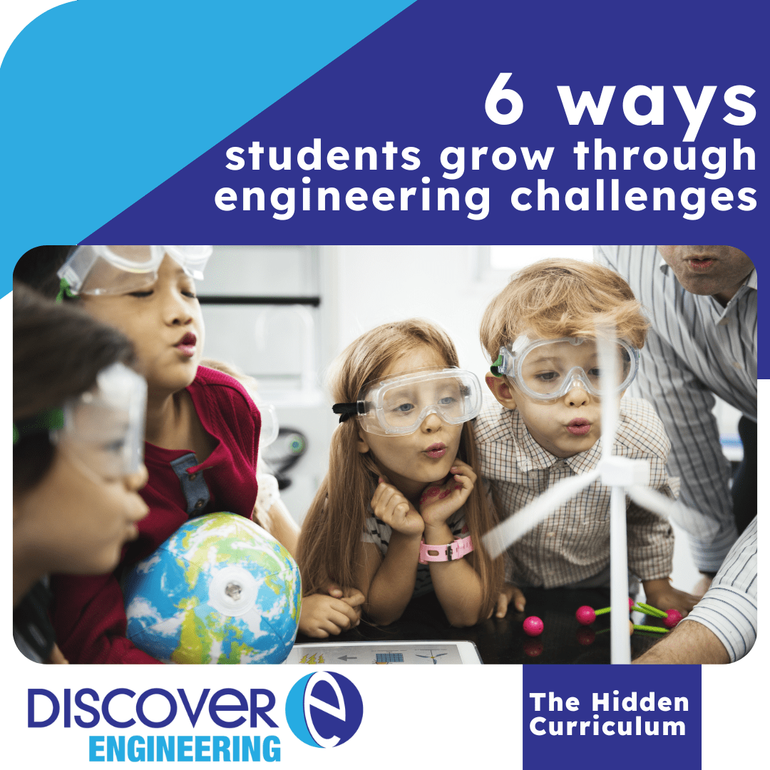 Title: 6 ways students grow through engineering challenges. The picture is of 4 elementary aged children with safety glasses, blowing a small windmill.