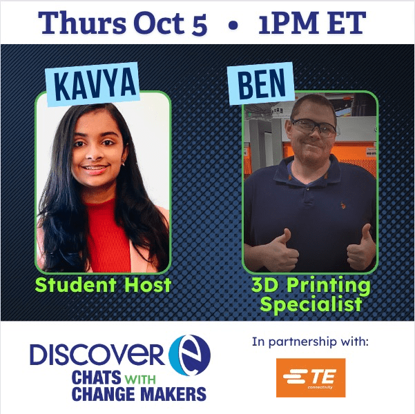 Graphic features headshots of student host Kavya and guest Change Maker Ben Dopp