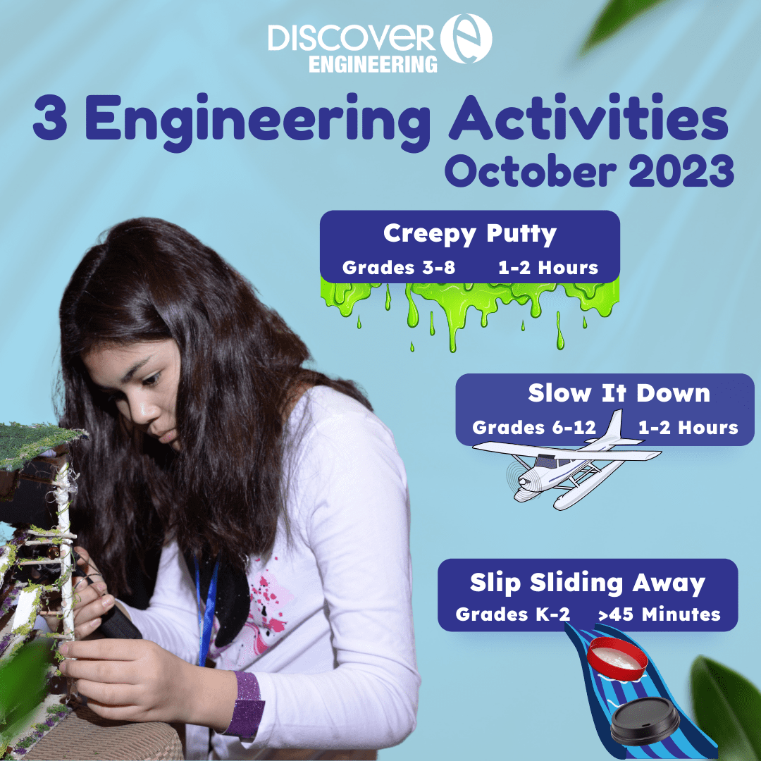 A girl builds a model. There are three boxes of text that introduce the challenges for October 2023. Creepy Putty Slow it Down Slip Sliding Away