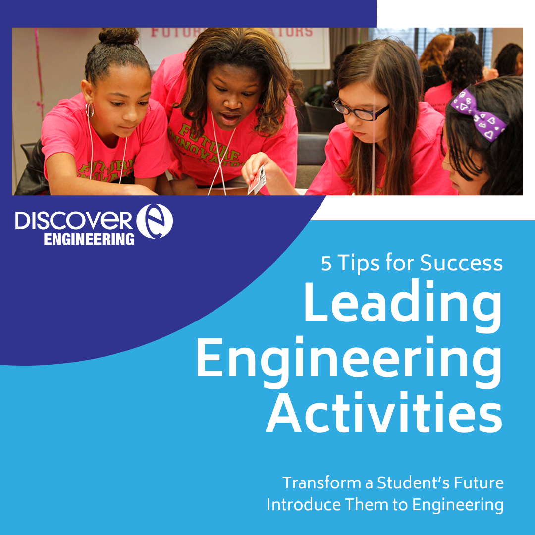 An Engineering mentor helps 3 girls work on an engineering activity
